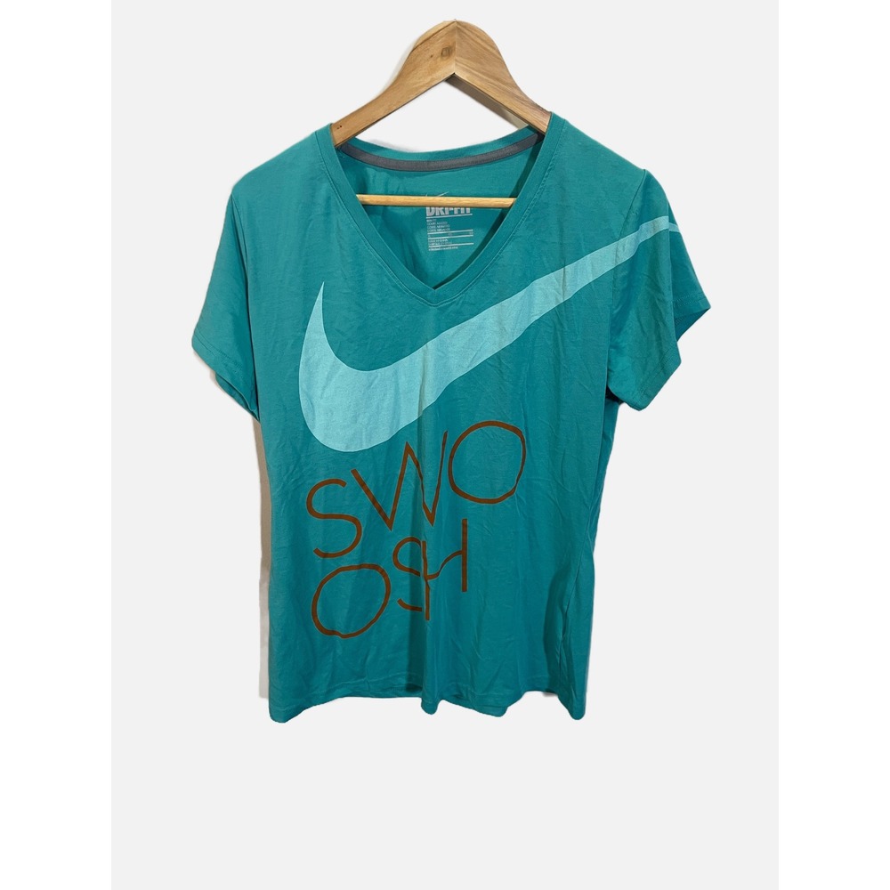 Nike T-Shirt Womens XL Teal Green Dri-FIT Slim Fit V-Neck Graphic Swoosh Active